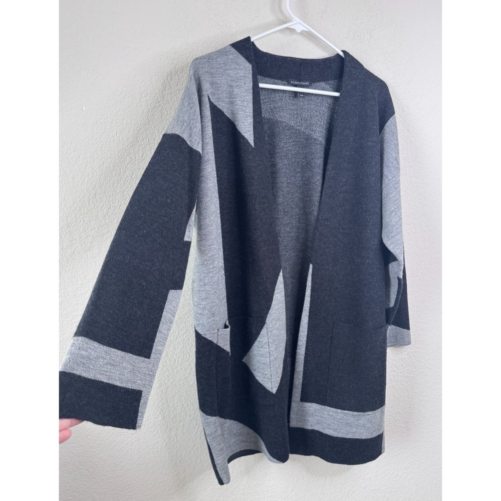 Eileen Fisher Merino Wool Open Front Cardigan M Colorblock Minimalist Duster - Picture 3 of 5